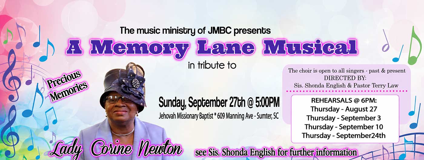 Memory Lane Musical advertisement with a photo of Corine Newton. Click for details