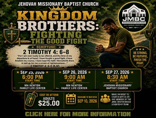 advertisement for the Kingdom Brothers event with a camoflauge background and aman praying. click for details