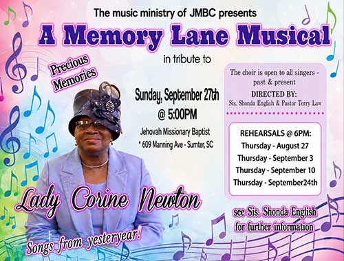 Memory Lane Musical advertisement with a photo of Corine Newton. Click for details