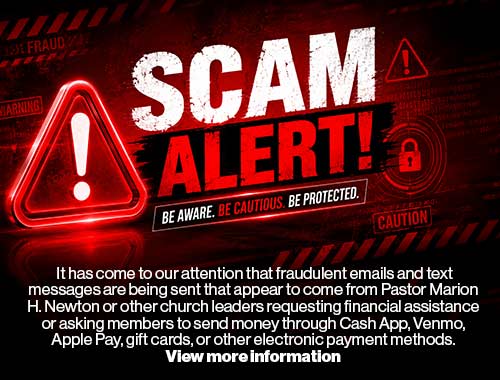 red and black scam alet banner with cautioni signs. click for details.